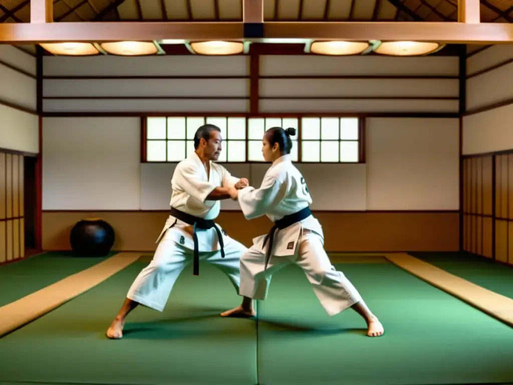 Imagen detallada en 8k de un dojo con un maestro practicando Aikido Samurái y un grupo de practicantes de Capoeira Brasileña, capturando la intensidad y gracia de ambas artes marciales en una composición dinámica y llamativa