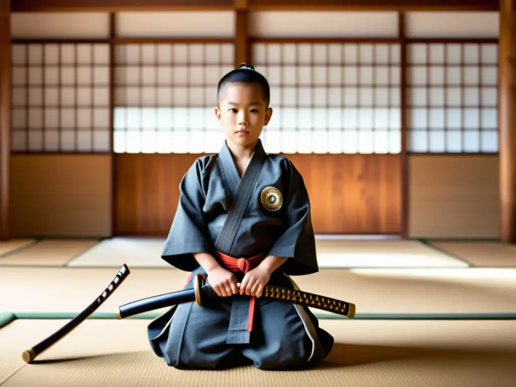 Imagen detallada de un dojo moderno con niños en trajes de samurái practicando artes marciales bajo la guía de un sensei