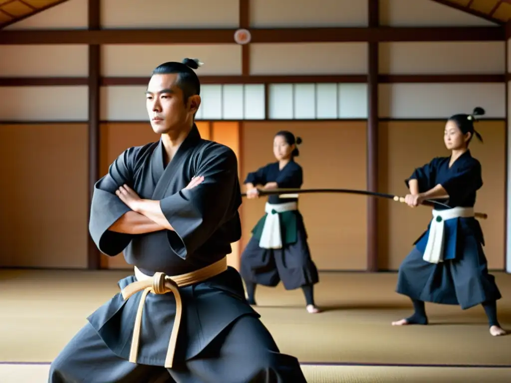 Una imagen detallada de un dojo sereno iluminado por luz natural, con arqueros samurái practicando kyudo, transmitiendo disciplina y precisión