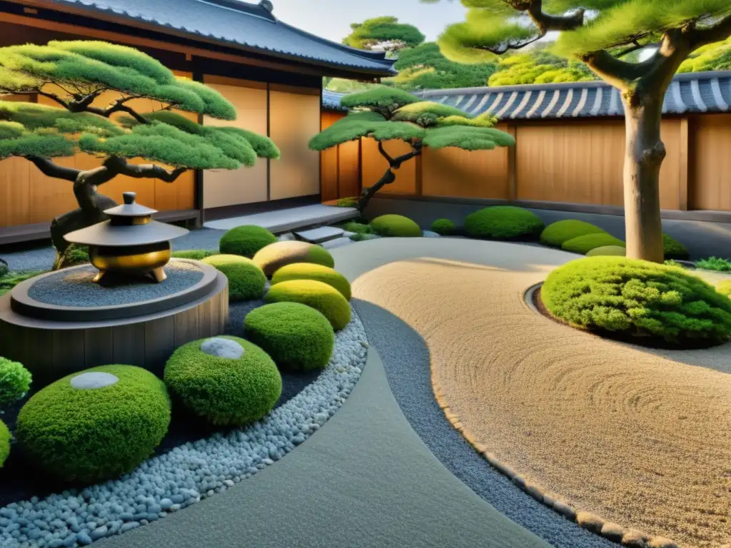 Imagen 8k detallada de un jardín samurái japonés, con grava, rocas y vegetación cuidadosamente dispuestas para evocar serenidad