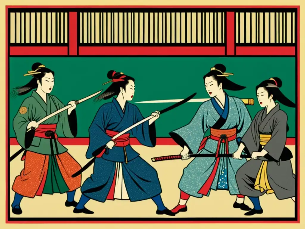 Imagen detallada de guerreras samurái en el Japón feudal, practicando artes marciales con espadas y lanzas en un dojo