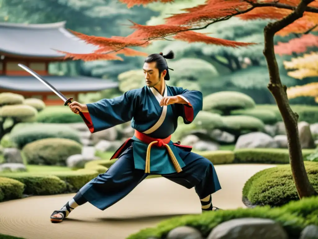 Imagen 8k detallada de un guerrero samurái entrenando en un jardín japonés: Entrenamiento samurai cuerpo mente fuerte