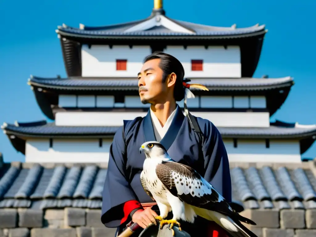 Imagen detallada de un halconero japonés con un halcón en el Castillo Himeji, evocando la cultura samurái y el alojamiento de aves rapaces en Japón