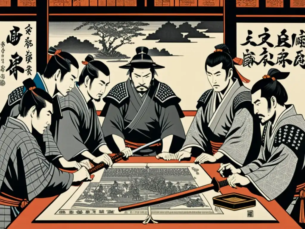 Intensa discusión política de ronin samuráis en grabado Imagen de una detallada impresión en bloque de madera en blanco y negro que muestra a un grupo de ronin samurái inmersos en una acalorada discusión política, rodeados de mapas y pergaminos