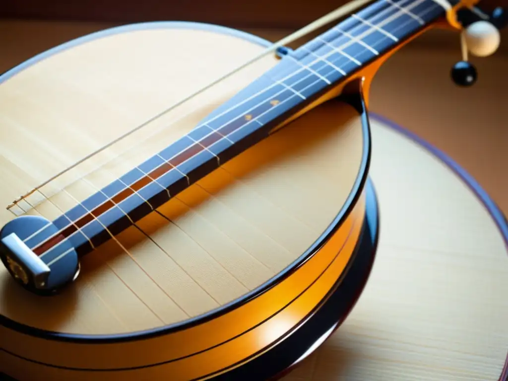 Una imagen detallada de un shamisen japonés, bañado en cálida luz natural, muestra la artesanía exquisita y la música inspirada en la cultura samurái