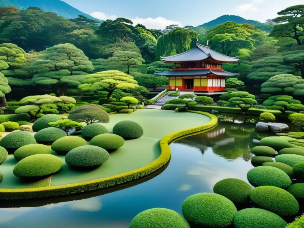 Imagen detallada de Kenrokuen, un jardín japonés con exuberante vegetación, lagos serenos y arquitectura tradicional