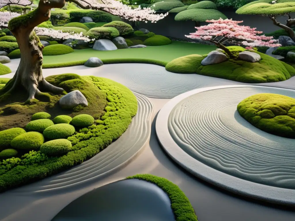 Jardín Zen japonés: Armonía y serenidad en 8k Imagen detallada de jardín zen japonés, rodeado de rocas, musgo y árboles de cerezo en flor