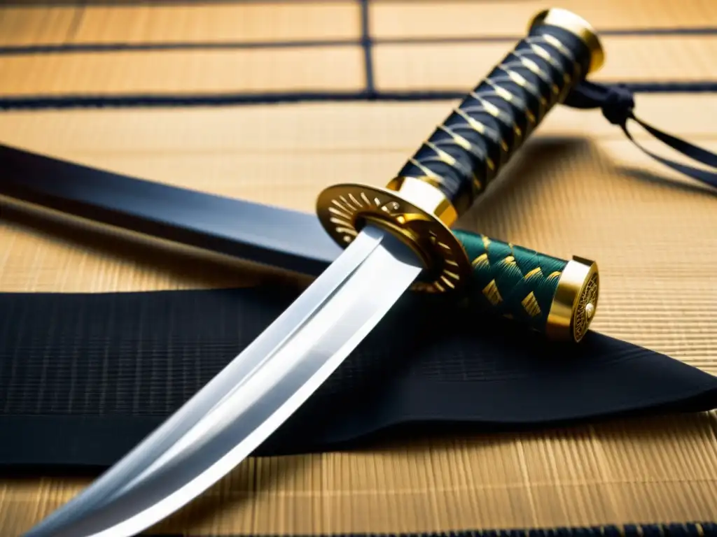 Una imagen detallada de una katana japonesa tradicional con motivos del Bushido, sobre tatamis, evocando la serenidad de un dojo