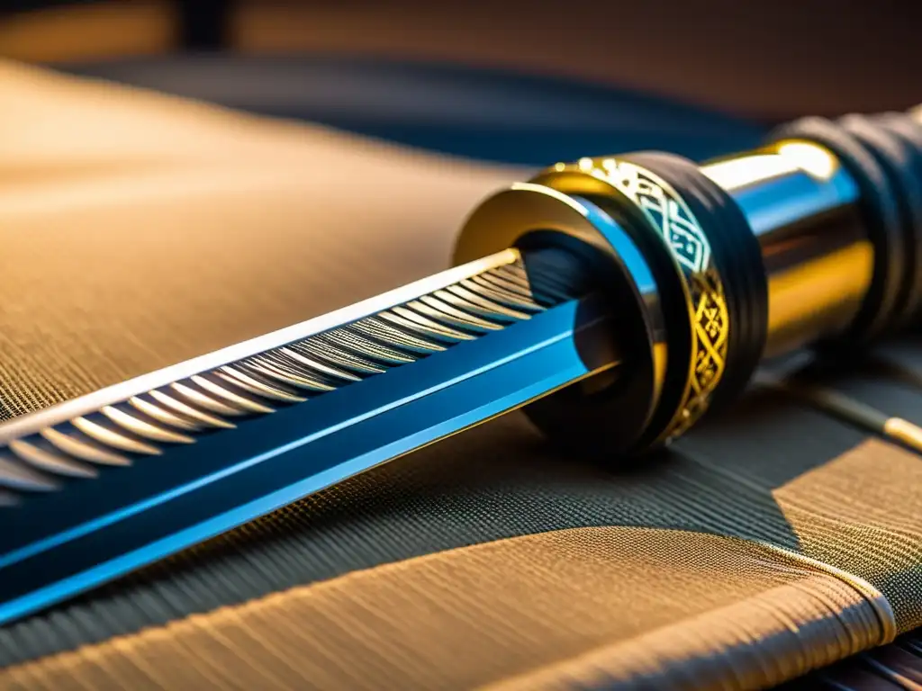 La imagen muestra una detallada katana japonesa con patrón de acero, tsuba y tsuka, reflejando la esencia de la filosofía samurái en Japón