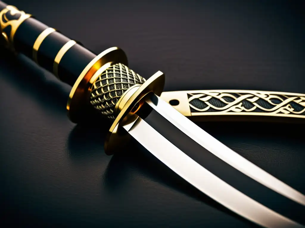 Una imagen detallada de una katana japonesa tradicional con un patrón de hamon intrincado y detalles ornamentales en tsuka y menuki