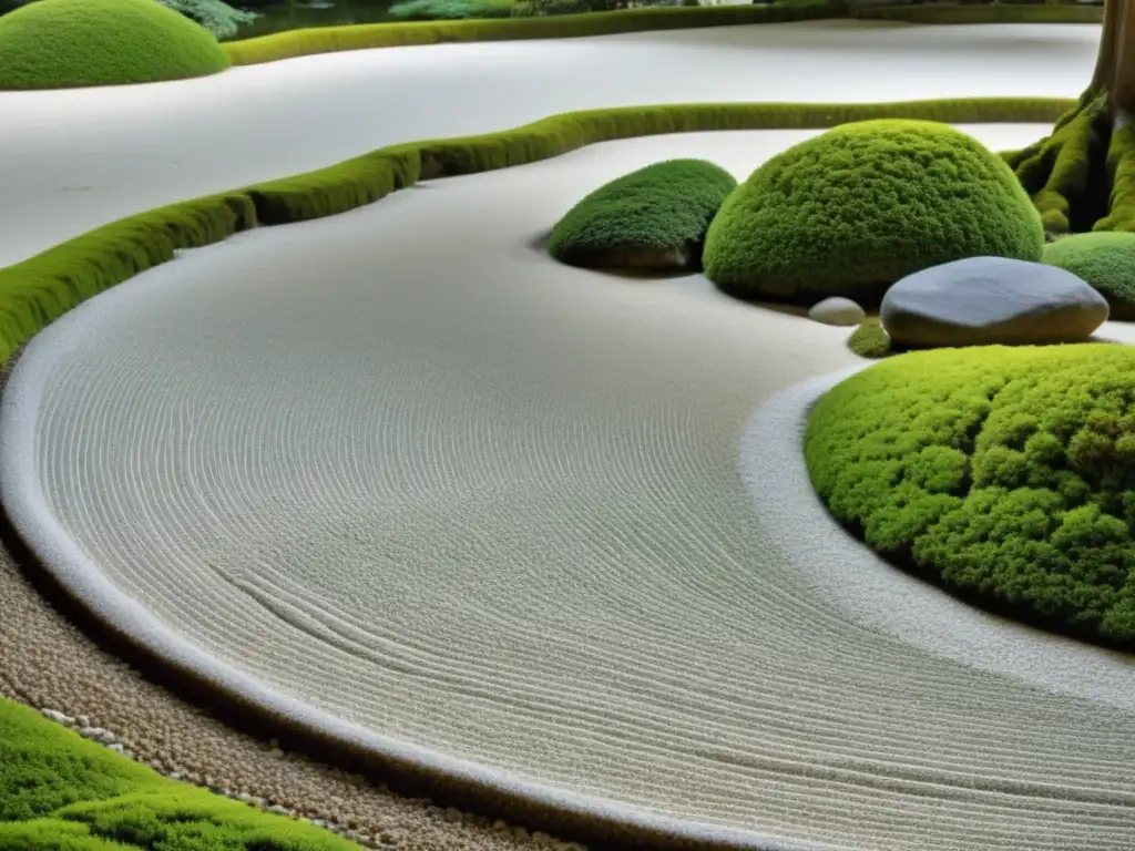 Imagen detallada del jardín zen Ryoanji en Kyoto, con patrones de grava y rocas