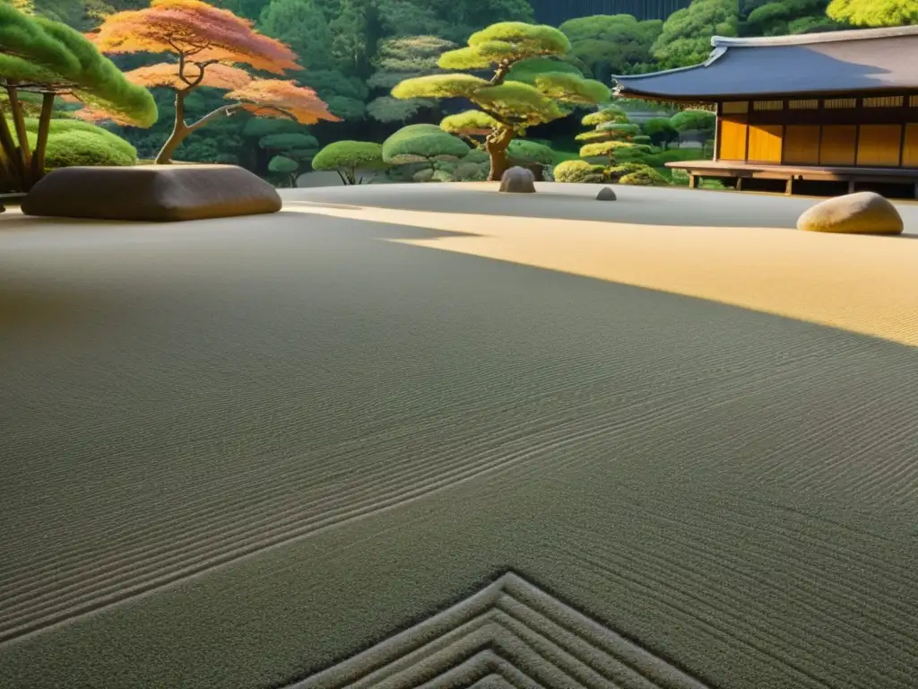 Imagen detallada del jardín zen Ryoanji en Kyoto, Japón, con patrones de gravilla y rocas