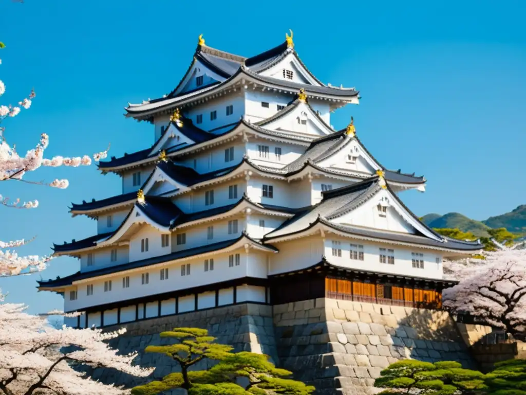 Himeji Castle: Belleza y Tradición Samurai Imagen detallada del majestuoso Castillo Himeji en Japón, con su arquitectura de madera, muros de piedra y cerezos en flor