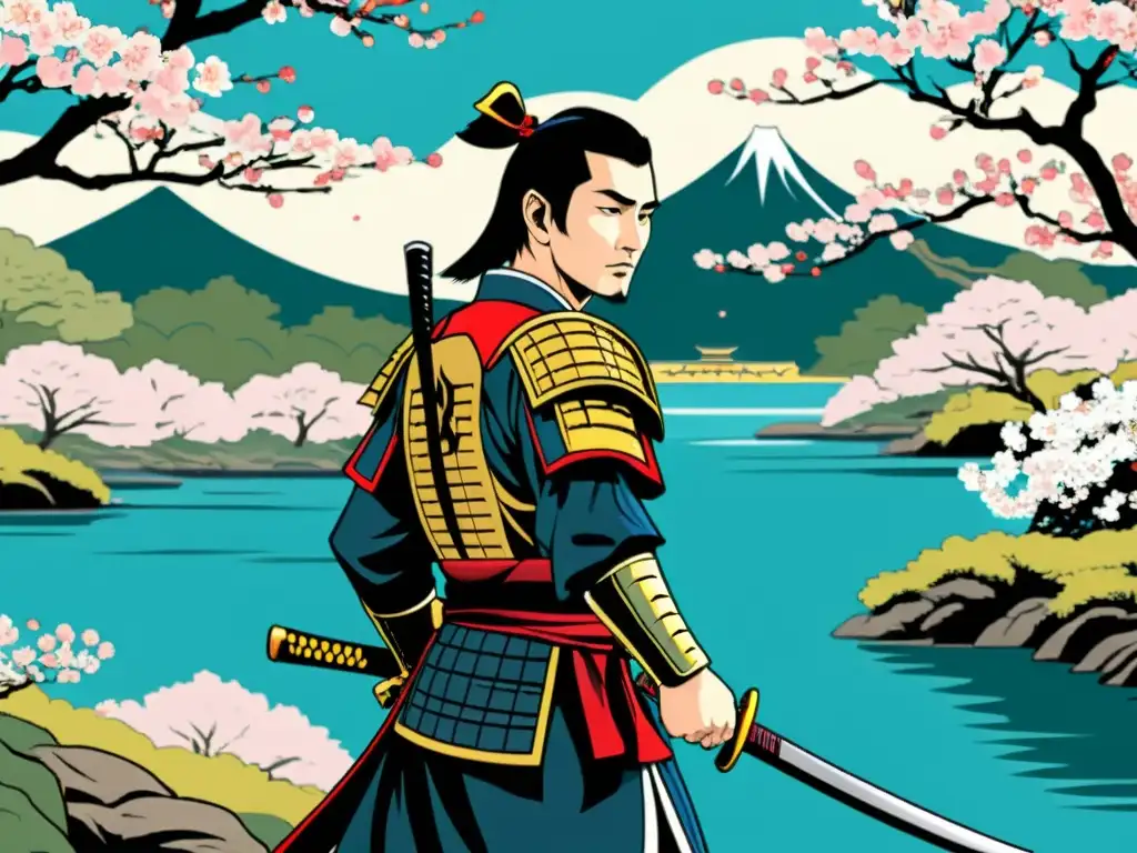 Imagen detallada de una página de novela gráfica contemporánea que muestra a un samurái en armadura tradicional, con una katana y paisaje japonés