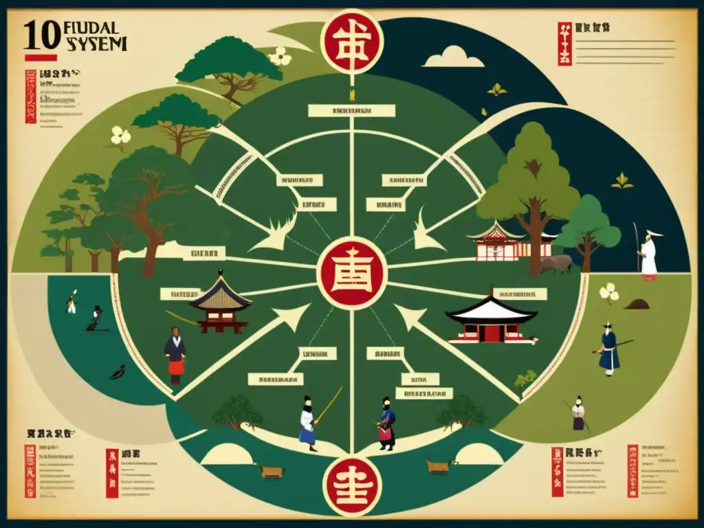 Una imagen detallada y realista muestra la estructura feudal en Japón, destacando la comparativa con Europa medieval