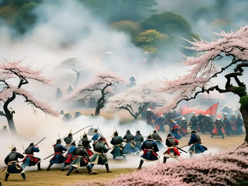 Imagen detallada de una reencarnación de la Rebelión Hōgen, con samuráis en una feroz batalla entre la niebla y los cerezos en flor