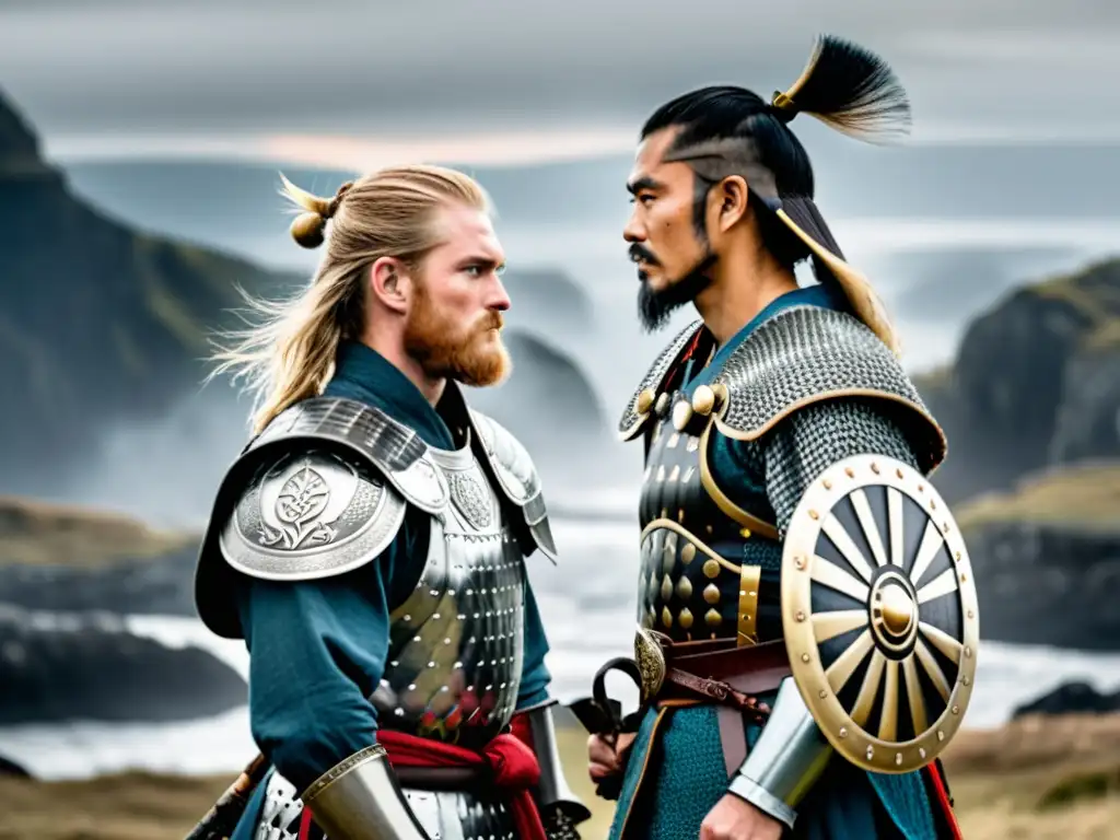 Samurai y Viking: Encuentro Épico de Guerreros Imagen detallada de un samurái y un vikingo enfrentados, con armaduras y armas tradicionales
