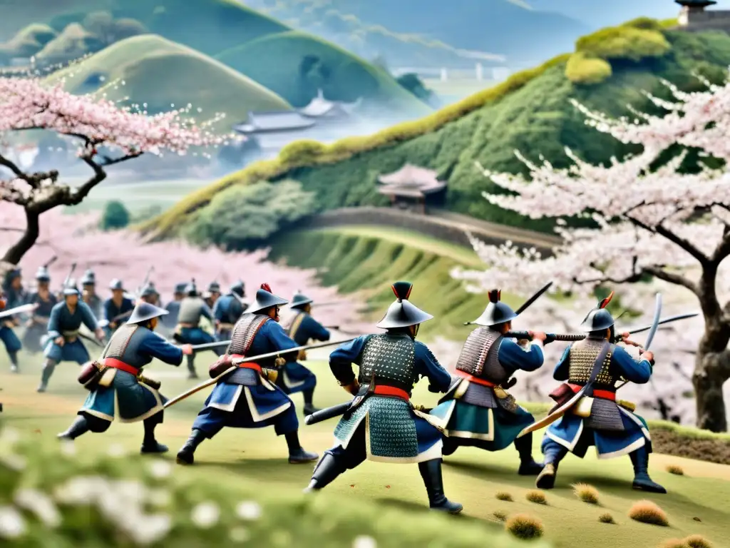 Una imagen detallada de tácticas de guerra samurai en un campo de batalla japonés, con guerreros en combate entre colinas y árboles de cerezo