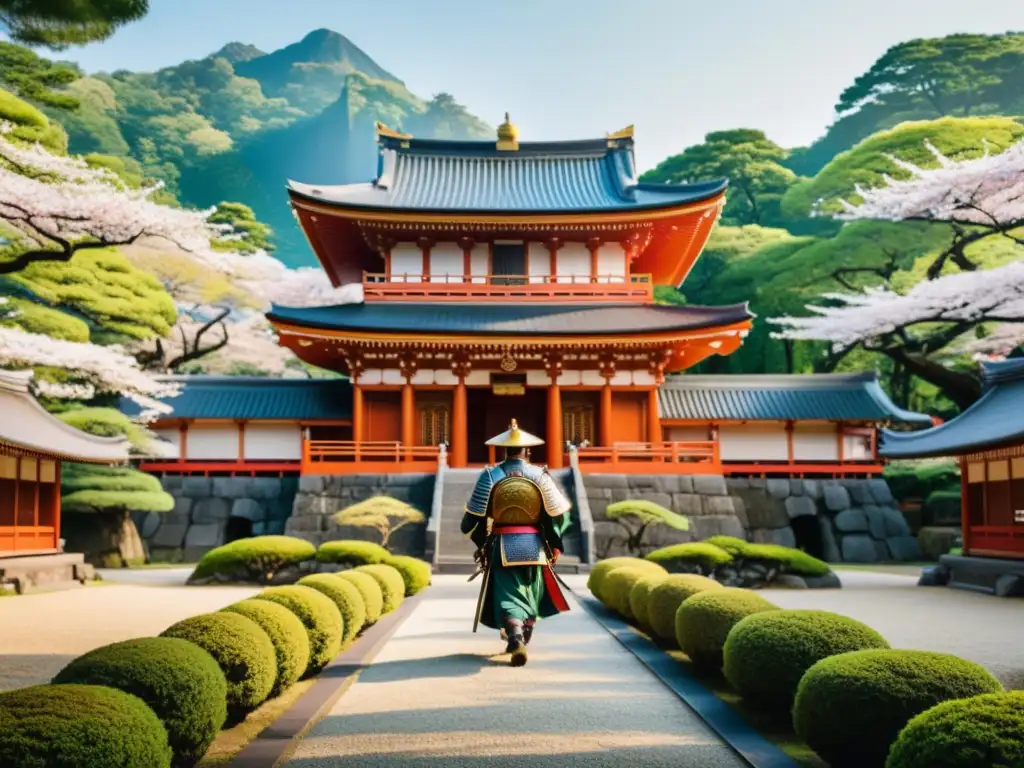 Imagen detallada 8k de un templo japonés histórico rodeado de naturaleza exuberante, con samuráis en ritual