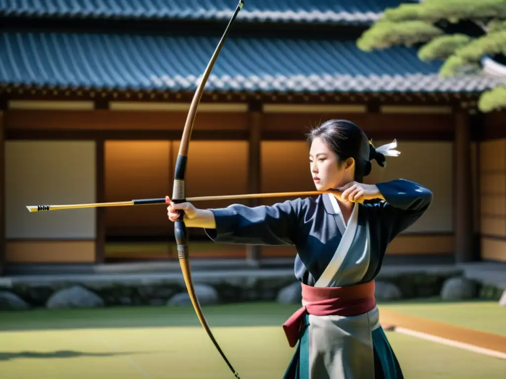 Imagen detallada de un torneo tradicional de Kyudo en Japón, con un arquero concentrado en un templo histórico