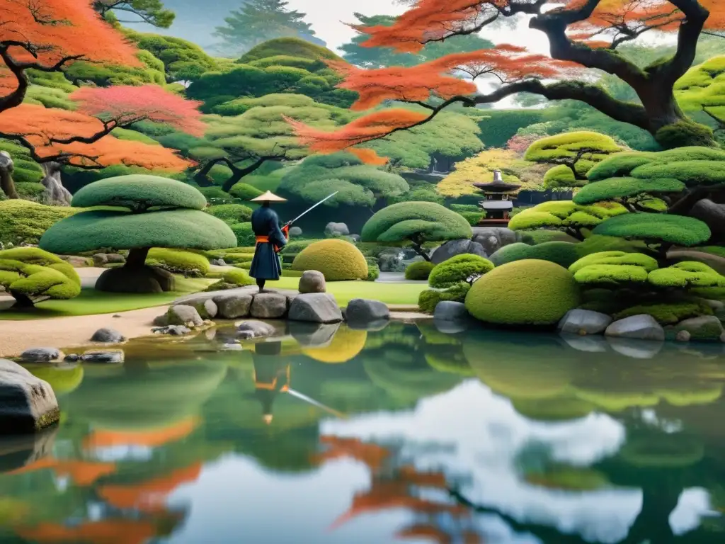 Imagen detallada de un jardín japonés tradicional con un samurái practicando su disciplina, reflejando la ética samurái en la película Kurosawa