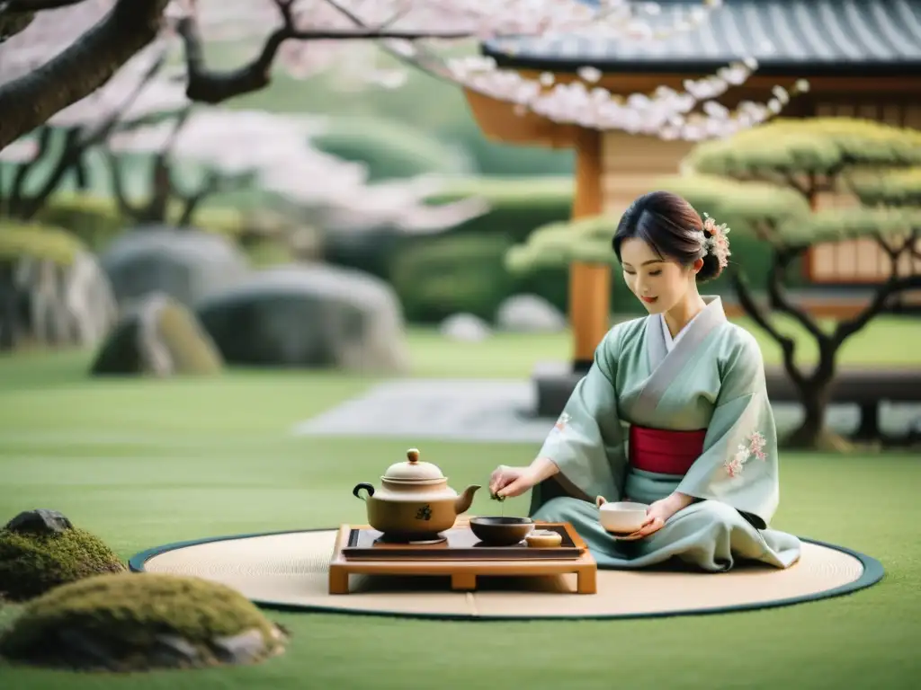 Imagen detallada en 8k de una tranquila ceremonia del té japonesa en un jardín, con resonancias samuráis en poesía contemporánea