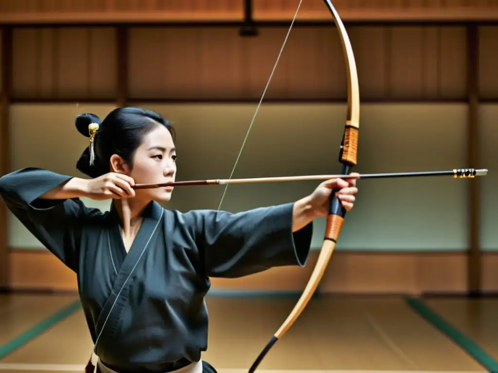 Imagen documental de un dojo de kyudo, donde practicantes realizan la precisa y meditativa arquería samurái, destacando la elegancia y la serenidad