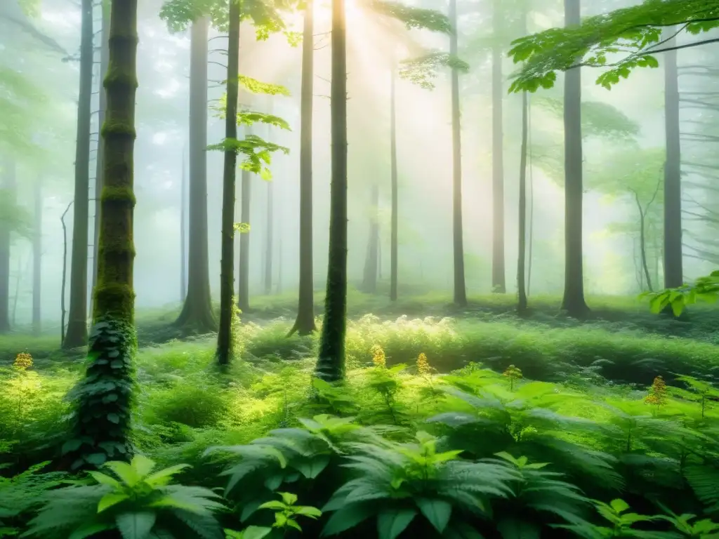 Imagen documental de un exuberante bosque envuelto en suave neblina, con árboles altos y hojas verdes brillantes