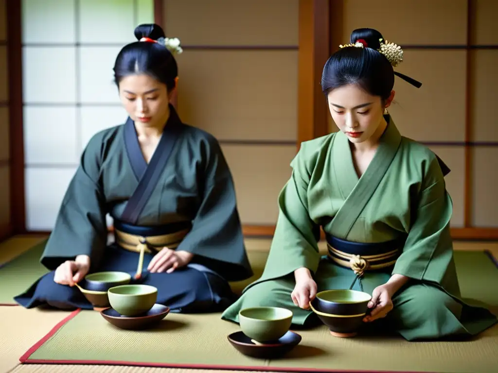 Una imagen documental de alta resolución de una ceremonia tradicional japonesa del té con la participación de samuráis