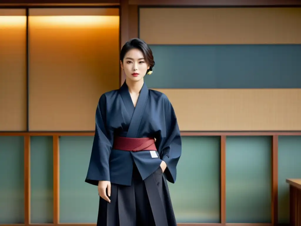 Una imagen documental de alta resolución muestra a un modelo de moda luciendo los hakama rediseñados para moda contemporánea