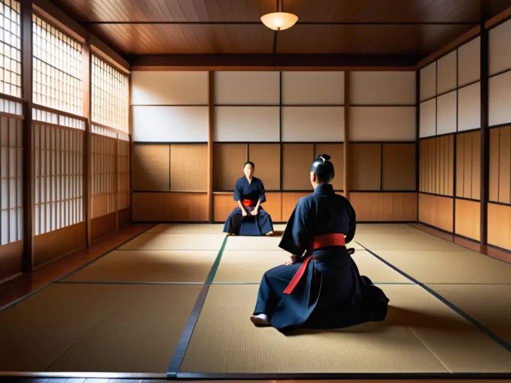 Una imagen documental de alta resolución de un tradicional dojo de Kendo, donde los practicantes se entrenan con intensidad serena