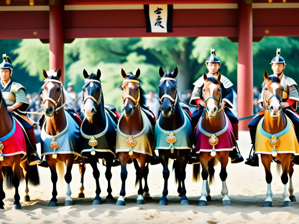 Imagen documental de ceremonia samurái con caballos ornamentados y guerreros en atuendo ceremonial