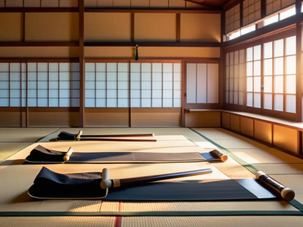 Imagen de un dojo japonés al amanecer, con espadas samurai y un sensei practicando una kata