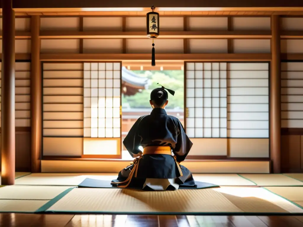 Imagen de un dojo japonés tradicional con armas de entrenamiento de madera, iluminado por una cálida luz a través de las pantallas shoji