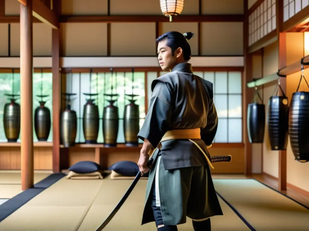 Imagen de un dojo japonés tradicional con armaduras y armas samurái en exhibición