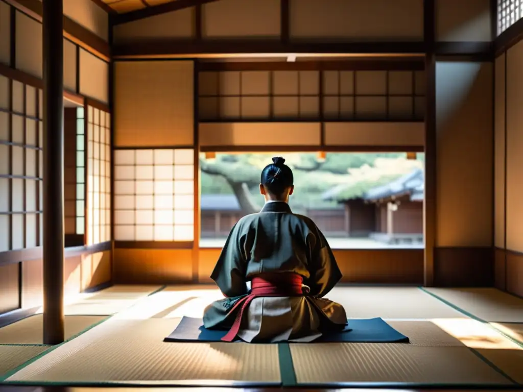 Imagen de un dojo japonés tradicional, con samuráis practicando artes marciales y meditación, reflejando las prácticas de salud en samuráis