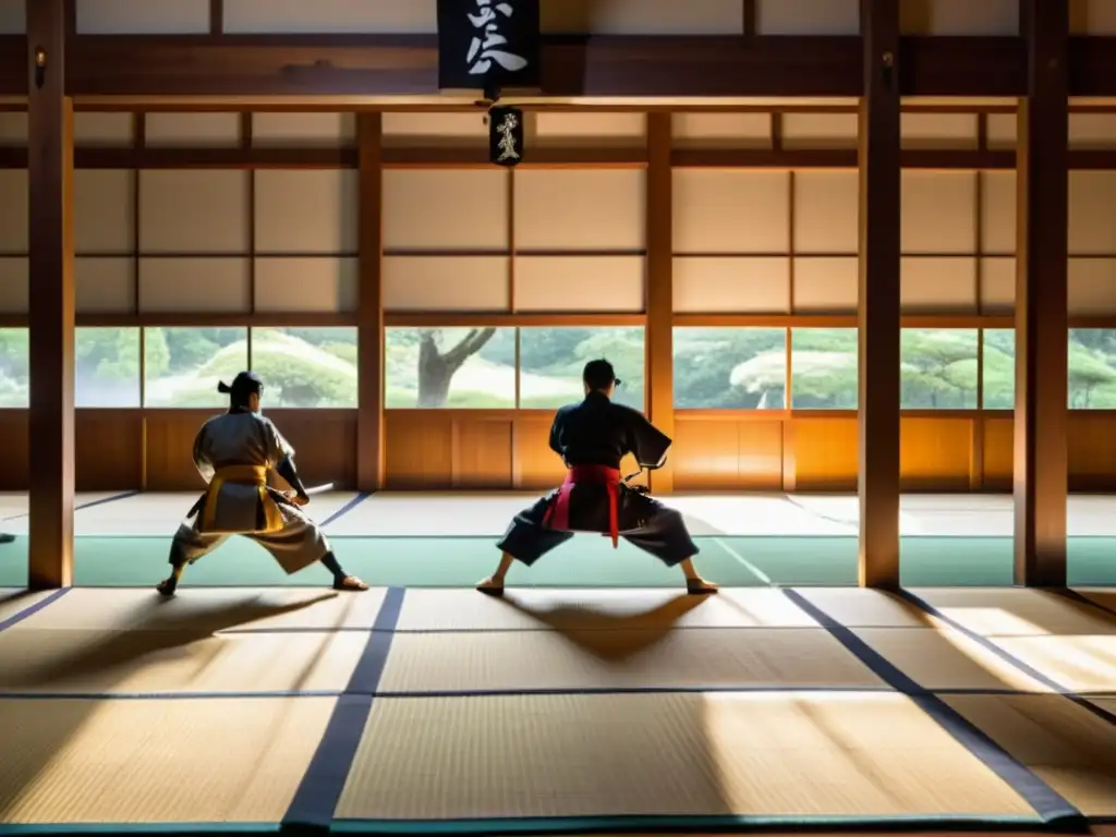 Una imagen de un dojo japonés tradicional con samuráis y ninjas entrenando, capturando la intensa relación entre estas icónicas clases guerreras