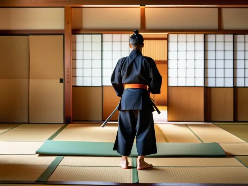 Imagen de un dojo japonés tradicional donde se practican técnicas de combate Naginatajutsu tradicional, con una atmósfera de disciplina y tradición