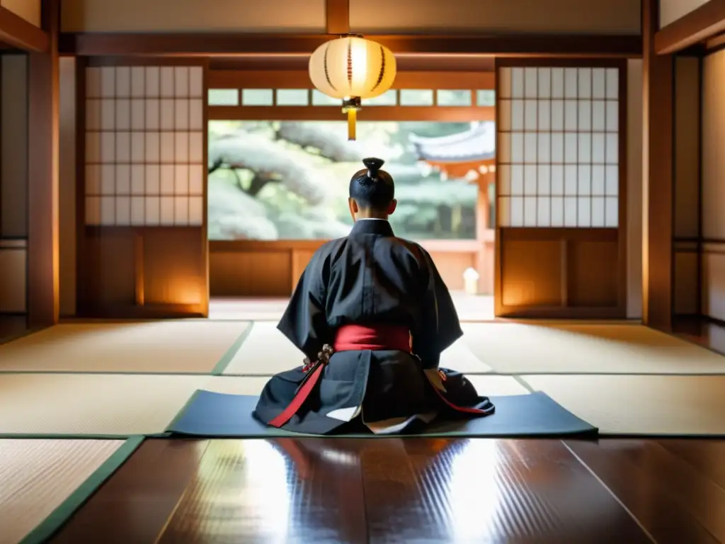 Imagen de un dojo japonés tradicional con un maestro samurái en meditación y sus estudiantes practicando la filosofía de combate samurái Zen