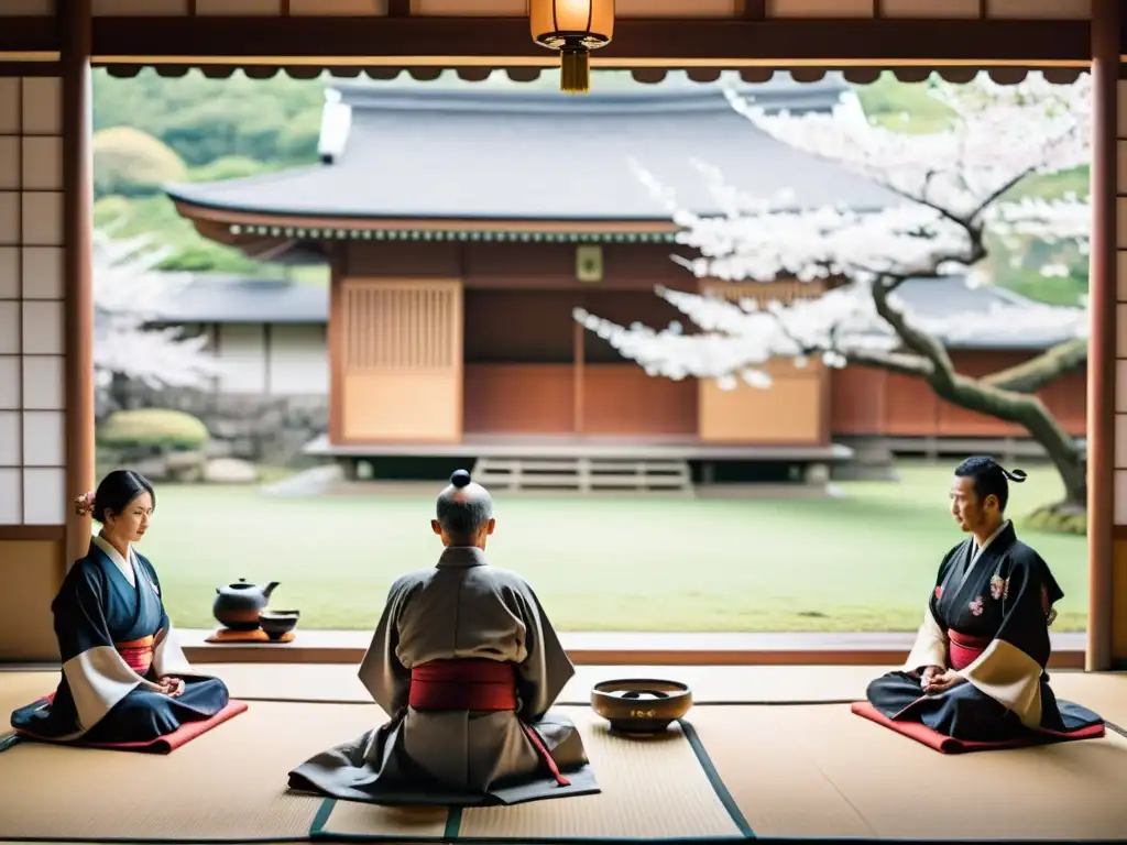 Imagen de un dojo japonés tradicional en la tranquila campiña, con practicantes de kimono en una ceremonia de té y un sabio samurái