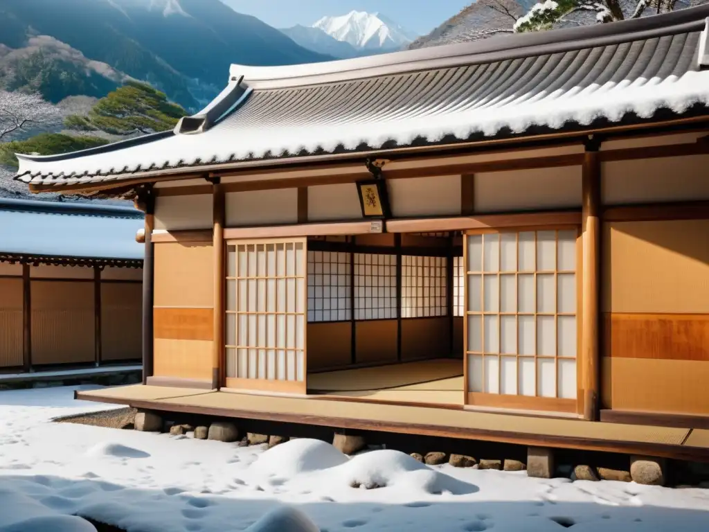 Imagen de un dojo japonés tradicional con samuráis entrenando, rodeado de montañas nevadas y un cerezo en flor