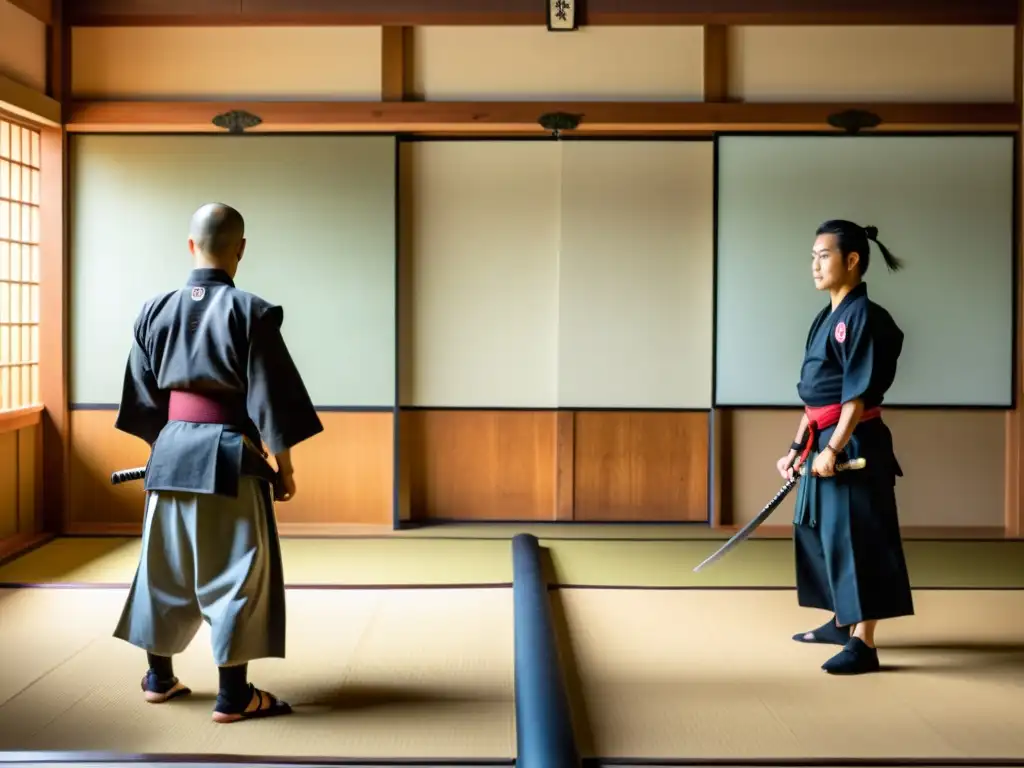 Una imagen de un dojo japonés tradicional donde un experimentado instructor samurái lidera una sesión enfocada de entrenamiento con espada