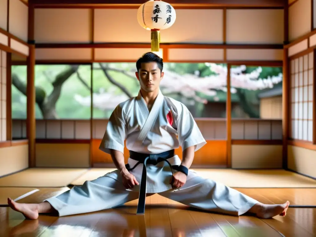 Imagen de un dojo japonés tradicional con un maestro de artes marciales enseñando la importancia de la katana a sus estudiantes disciplinados