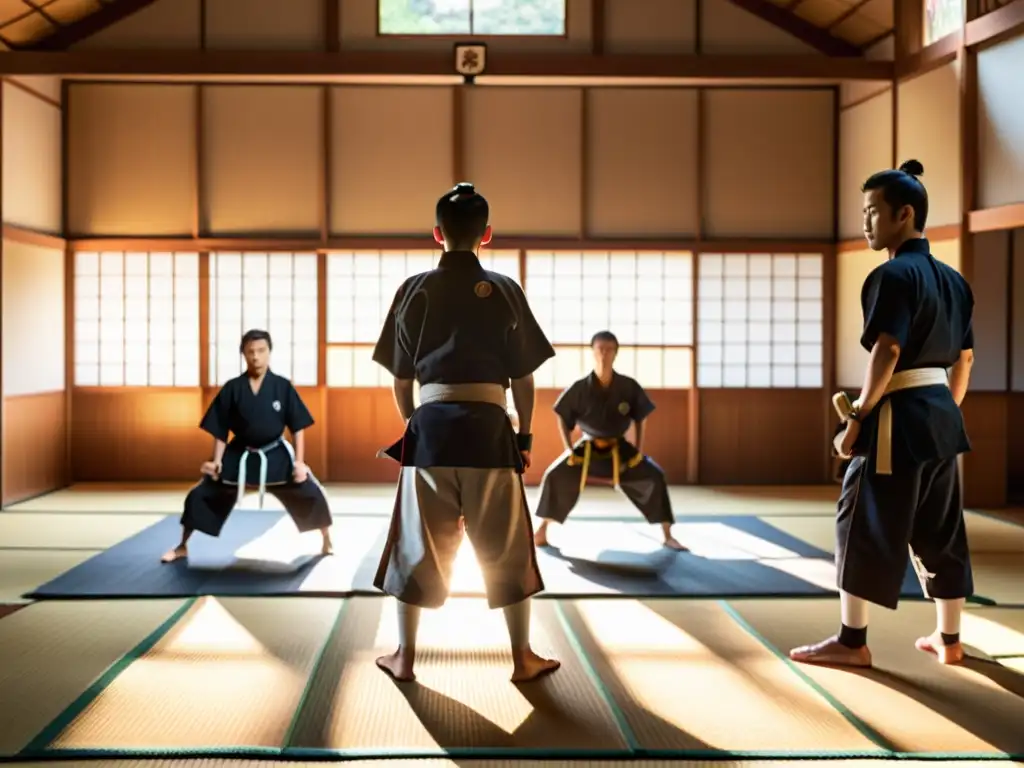 Imagen de un dojo japonés tradicional con estudiantes practicando artes marciales