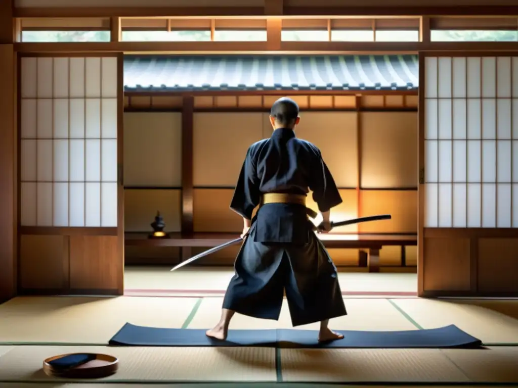 Imagen de un dojo japonés tradicional con practicantes de Iaido, exhibiendo movimientos precisos y elegantes