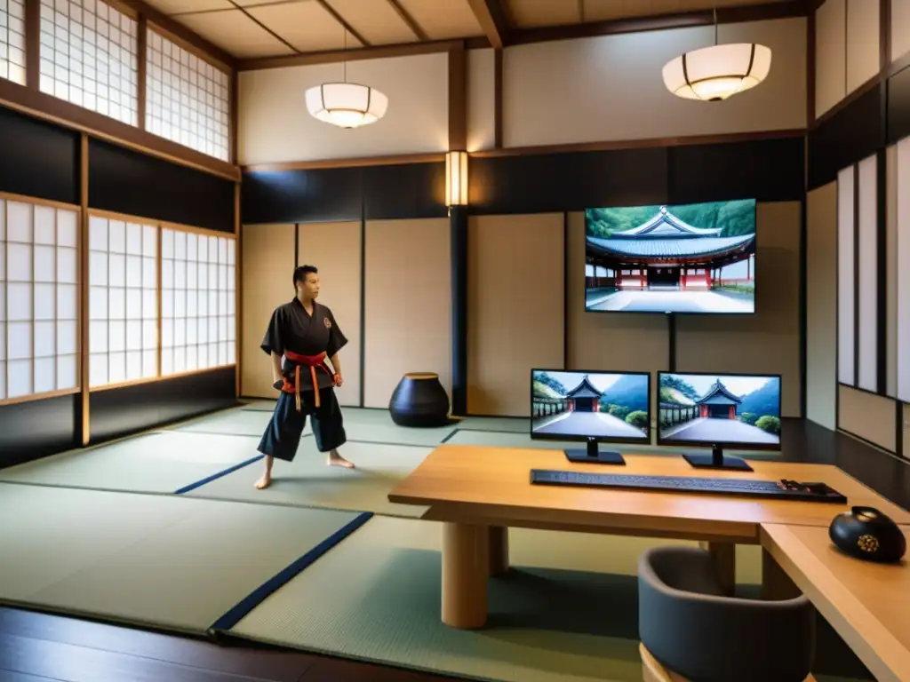 Imagen 8k de un dojo moderno en Japón, fusionando la cultura samurái con la era digital