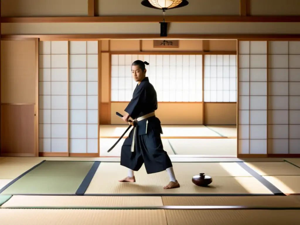 Una imagen de un dojo sereno con puertas japonesas y suelos de madera, bañado en cálida luz natural