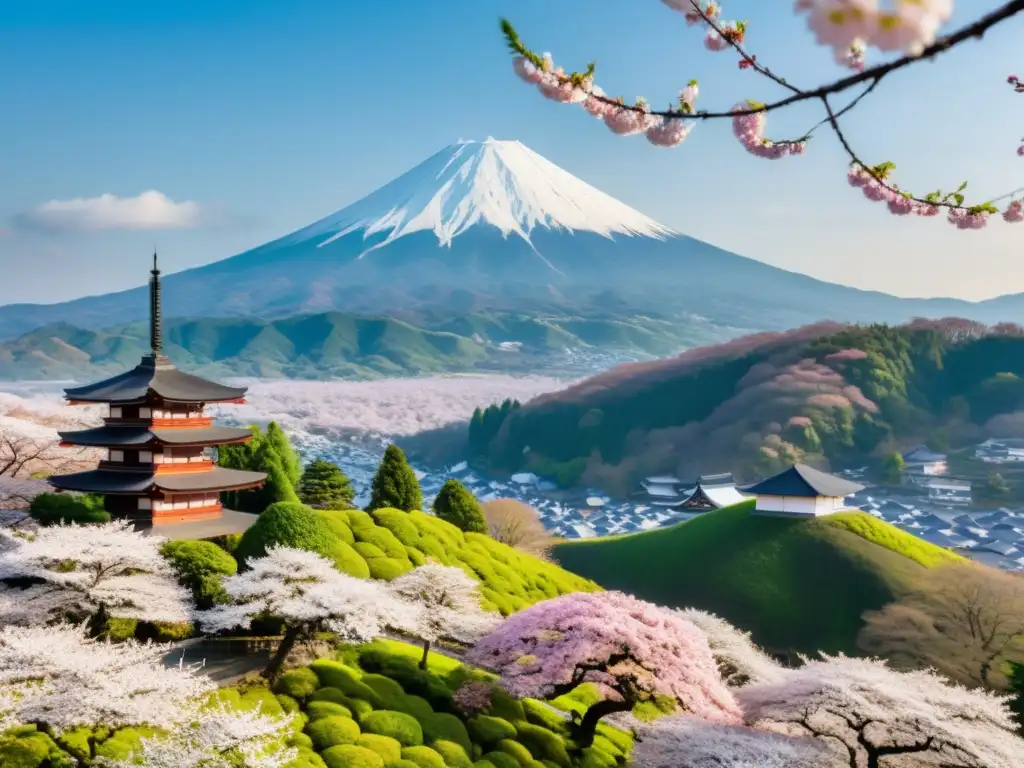 Imagen de la región de Echigo en Japón, templo entre cerezos en flor y montañas nevadas, evocando la rivalidad Uesugi Kenshin Takeda Shingen