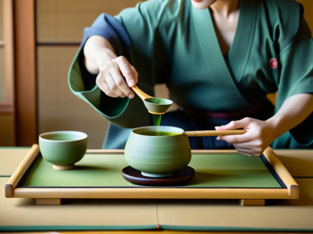 Imagen de una elegante ceremonia del té japonés con utensilios de bambú, tatamis y un maestro del té vertiendo matcha, destacando la importancia de los samuráis en la unificación de Japón