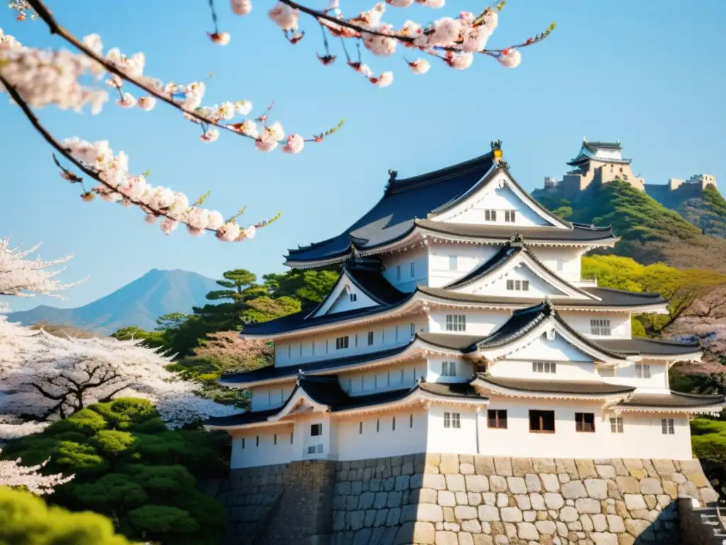 Imagen de Himeji Castle en Japón, con sus elegantes muros blancos, cerezos en flor y paisaje fusionando belleza natural y arquitectura militar